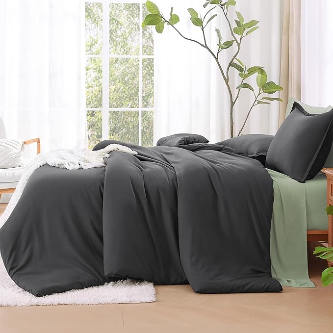 Litanika Dark Grey Comforter Set California King Size, 3 Pieces Cal King Gray Lightweight Plain Bedding Comforter Set, Oversized All Season Fluffy Bed Set (104x96In Comforter & 2 Pillowcases)