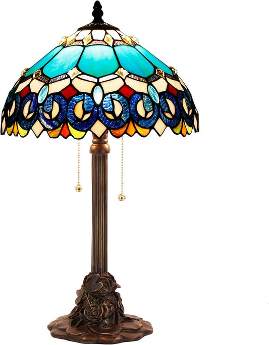 Tiffany Stained Glass Table Lamp 12X12X21Inch Resin Base Desk Bedroom Living Room Reading Light (Blue Jewelry Baroque)