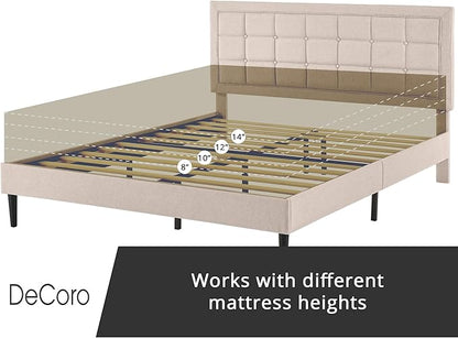 Decoro Mornington Upholstered 2.0 Platform Bed, Button-Tufted Fabric Headboard and Metal Frame with Wood Slat Support, Linen, Full