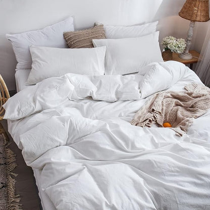MooMee Bedding Duvet Cover Set 100% Washed Cotton Linen Like Textured Breathable Durable Soft Comfy (Solid Off White, Alaska King 132"x120")