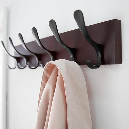 SKOLOO Coat Rack Wall Mount - Wooden Brown Wall Coat Hook, Pack of 2, Wall Coat Hanger Rack with 6 Hooks for Hanging Coats, Hats, Clothing, Scarfs, Brown & Black