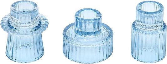 Vixdonos Glass Candlestick Holders Tealight Candle Holders for Table Centerpieces, Wedding Decor and Dinner Party (3 Pcs, Light Blue)