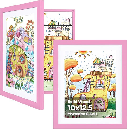 KINLINK 10x12.5 Kids Art Frames Set of 2, Solid Wood Kids Artwork Frames Changeable with Acrylic Front Opening Holds 150 Pictures, Art Frame for Kids Artwork with Mat or without Mat, Pink