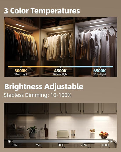 16inch Under Cabinet Lighting, 6Pack Rechargeable Motion Sensor Light Indoor, Magnetic Closet Lights with Dimmable & 3 Color Temps, Wireless Under Counter Lights for Kitchen, Stairs