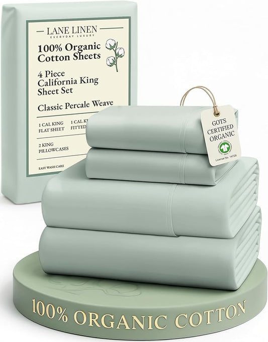 LANE LINEN 100% Organic Cotton California King Sheets Set, Soft & Comf Low Pill Fade Resistant Mercerized Cotton Fully Elasticized Cal King Sheets, Fits Mattress Upto 15" Deep -Cool Blue