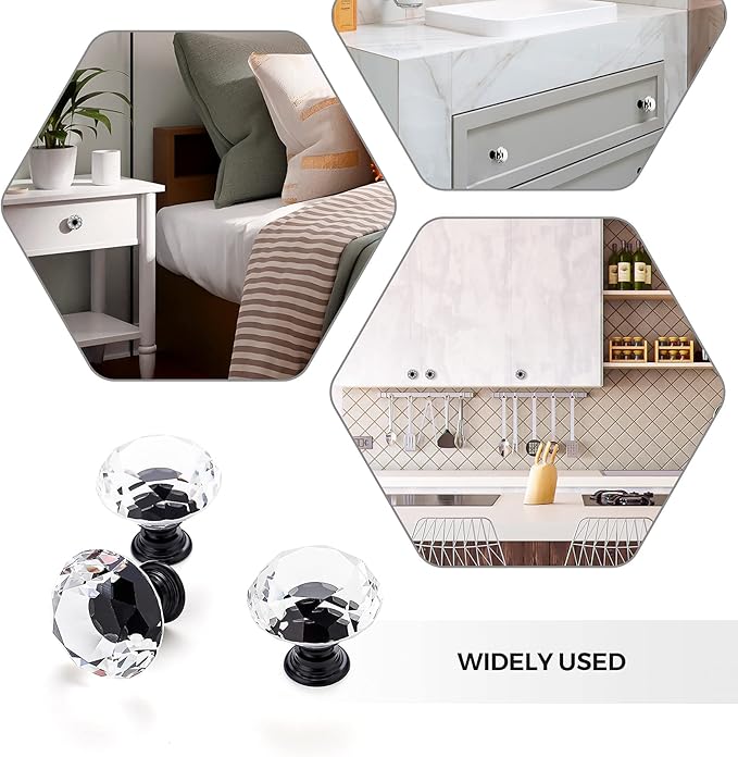 Ravinte 10 Pack Crystal Drawer Knobs - Glass Cabinet Knobs with Black Base - Diamond Shaped - 30 mm