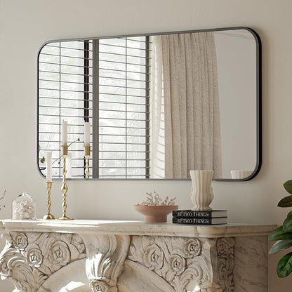 BEAUTYPEAK Black Rectangular Bathroom Mirror - 30" x 40" Wall Mounted Aluminum Alloy Frame Mirror with Rounded Corners for Bedroom Living Room, Horizontal or Vertical