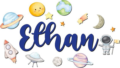 Custom Nursery Name Sign with Themed Decor Kit | Personalized Wooden Wall Art for Baby, Kids Room | Space, Jungle, Circus, Under the Sea, Woodland, Rainbow (10", Space)