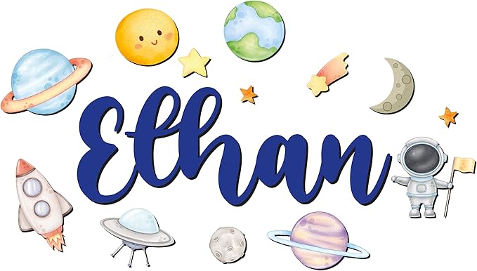 Custom Nursery Name Sign with Themed Decor Kit | Personalized Wooden Wall Art for Baby, Kids Room | Space, Jungle, Circus, Under the Sea, Woodland, Rainbow (60", Space)