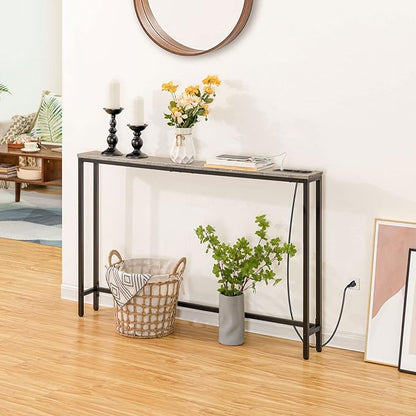 HOOBRO 47.2" Skinny Console Table with Power Outlets, 5.9" Behind Couch Table with Charging Station, Narrow Sofa Table, Long Entryway Table for Living Room, Hallway, Foyer, Greige BG15XG01G1