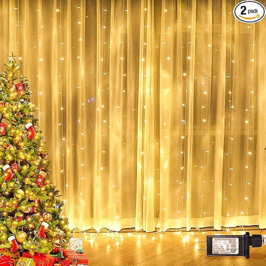 Twinkle Star 300 LED Window Curtain String Light for Christmas Wedding Party Home Garden Bedroom Outdoor Indoor Wall Decorations (Warm White), 2 Pack