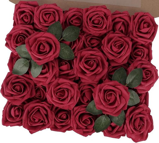 MACTING Artificial Rose Flowers 30PCS Real Touch Fake Flowers with Stem Red Foam Roses for DIY Wedding Bouquet Backdrop Table Centerpieces Arrangements Crafts Party Home Mothers Day Decorations