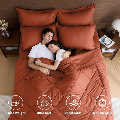 HEVUMYI Burnt Orange King Comforter Set - 7-Piece All Season Bed in a Bag King, Ultra Soft Bedding Set with Comforter, Flat Sheet, Fitted Sheet, Pillowcases, Pillow Shams