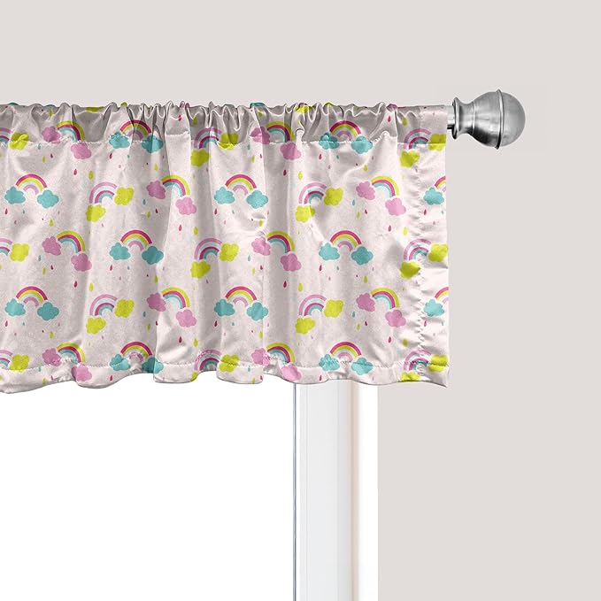 Ambesonne Cartoon Window Valance, Pastel Rainbows Clouds Raindrops Sky Theme, Curtain Valance for Kitchen Bedroom Decor with Rod Pocket, 42" x 18", Rose and Multicolor