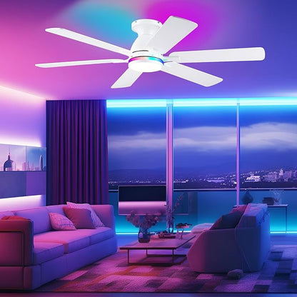 Ceiling Fans with Lights- 52" RGB Low Profile Indoor Ceiling Fan with Light and Remote/APP Control, Flush Mount, 6 Blade, LED Dimmable DC Reversible Modern Ceiling Fan for Bedroom（White）