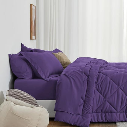 Love's cabin Twin Comforter Set Purple, 5 Pieces Twin Bed in a Bag, All Season Bedding Sets with 1 Comforter, 1 Flat Sheet, 1 Fitted Sheet, 1 Pillowcase and 1 Pillow Sham