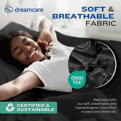 DREAMCARE King Size Sheets Set - Cooling Bed Sheets - 4pcs Set - up to 15" Deep Pocket King Sheet Set – Soft & Long Lasting Cooling - 100% Fine Brushed Polyester with Side Pocket - Black