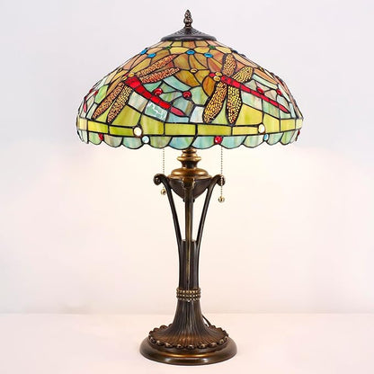 Tiffany Table Lamp Green Red Stained Glass Desk Lamp 16X16X24 Inches Dragonfly Style Reading Light