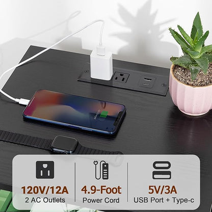 AMHANCIBLE Night Stand Set 2, LED Nightstand with Charging Station, End Tables Living Room with Fabric Drawers, Bedside Table for Bedroom, Black, HET052LBK