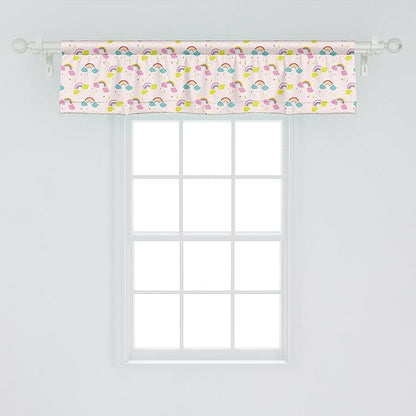 Ambesonne Cartoon Window Valance, Pastel Rainbows Clouds Raindrops Sky Theme, Curtain Valance for Kitchen Bedroom Decor with Rod Pocket, 54" X 12", Rose and Multicolor