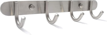 Towel Hook Rack Brushed Nickel - Sagmoc 11-Inch Coat Hook Rail Wall Mounted with 4 Hooks, Durable Wall Hangers for Bedroom, Bathroom, Foyer, Hallway (304 Stainless Steel)