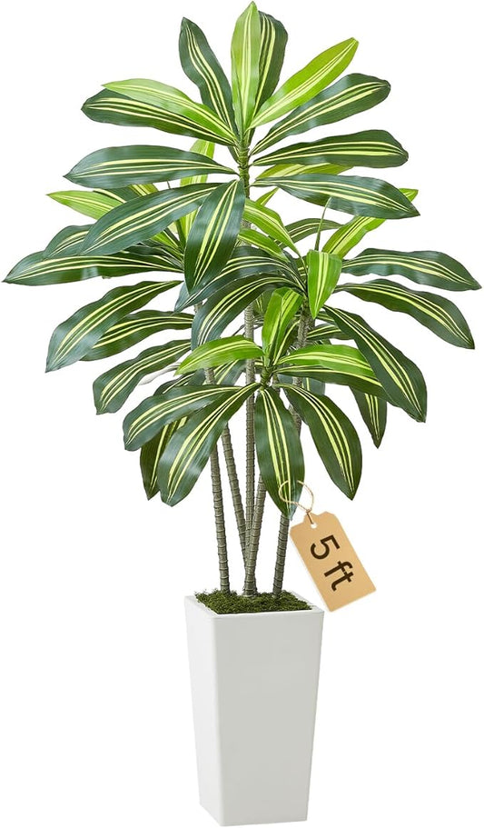 VEVOR Artificial Dracaena Tree 5 ft, Fake Palm Tropical Plants with White Tall Planter, Faux Floor Silk Plant in Pot, Large Trees for Home Office Living Room Decor House Warming, Indoor Outdoor