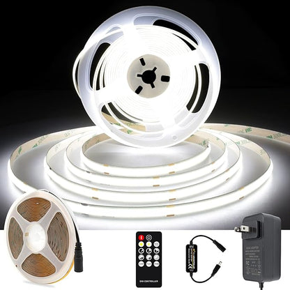 White COB LED Strip Light, Dimmable 16.4ft/5m LED Light, 6000K Daylight White 2400 LEDs High Lumen LED Tape Lights CRI 90+ with RF Remote and UL Power for Bedroom,Kitchen,DIY Home Decoration