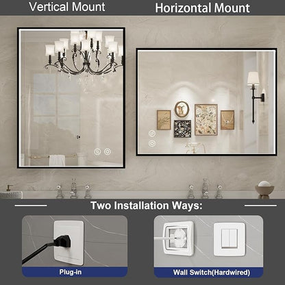 24x32 Inch LED Bathroom Mirror with Lights, Black Metal Frame Mirror, Wall Mounted Lighted Vanity Mirrors