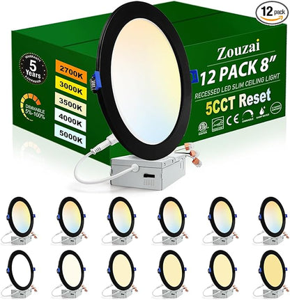 zouzai 12 Pack 8 inch 18W Eqv 150W 1685LM 5CCT Ultra-Thin LED Recessed Ceiling Light with Junction Box, 2700K/3000K/3500K/4000K/5000K Selectable,Dimmable 5%-100% - ETL and Energy Star Certified