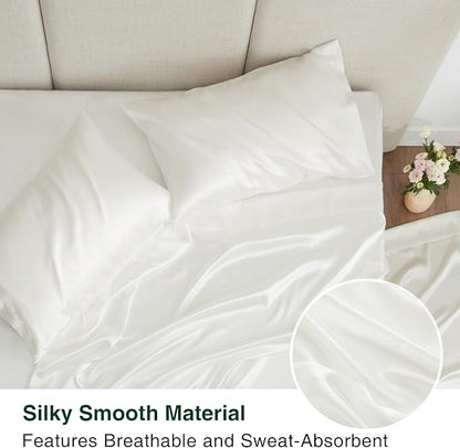 Love's cabin Satin Queen Sheets Set - 4 Piece Ivory Silky Bed Sheets with Deep Pocket, Luxury Silk Feel Satin Queen Size Sheet Set (1 Flat Sheet,1 Fitted Sheet,2 Pillow Cases)