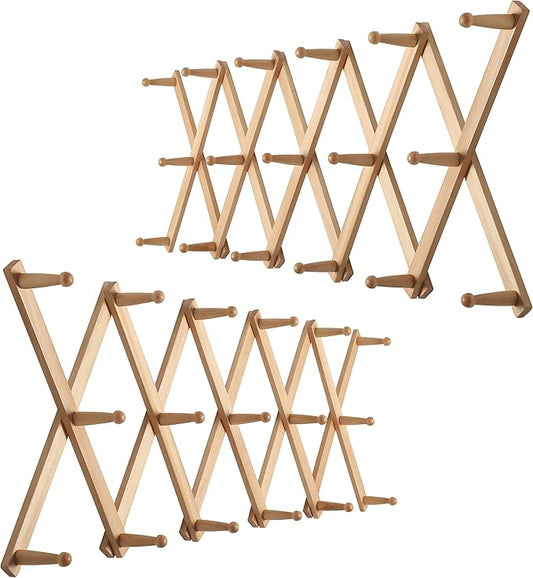 WEBI Accordion Wall Hanger,Expandable Wooden Hat Rack for Wall Mounted Coat Rack,Accordion Hat Hooks Holder for Baseball Caps,17 Peg,Natural,2 Packs