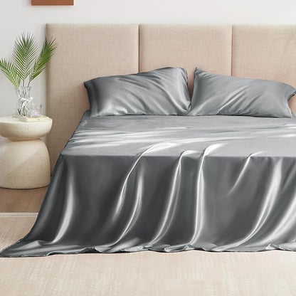Love's cabin Satin Queen Sheets Set - 4 Piece Dark Grey Silky Bed Sheets with Deep Pocket, Luxury Silk Feel Satin Queen Size Sheet Set (1 Flat Sheet,1 Fitted Sheet,2 Pillow Cases)