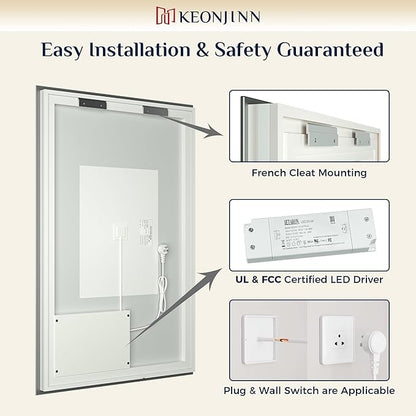 Keonjinn 24 x 40 Inch LED Bathroom Mirror with Backlit, Anti-Fog Vanity Mirror with CRI90+ HD Tempered Glass, Stepless Dimmable, High Lumen, UL Listed, Waterproof, Horizontal/Vertical