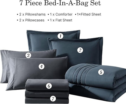Monbix Full Size Comforter Set - 7 Pieces Blue Grey Bed in a Bag Full Size Bedding Sets with Comforters, All Seasons Comforter with Sheets,Pillowcases & Shams