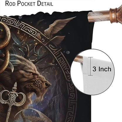 Cool Norse Viking Theme Curtains - Fantasy Ancient Symbols Wildlife Wolf Nordic Vikings Thermal Insulated Blackout Curtains - Rod Pocket Window Treatment Drapes for Bedroom 2 Panels 72L x 31.5W