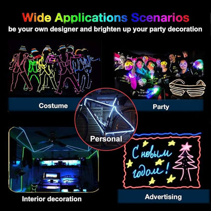 MaxLax EL Wire Ice Blue, 32.8ft/10m Portable Battery Pack Neon Light Strip 360° Cuttable Glowing Rope Lights for Parties, Halloween, DIY Decoration