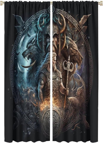 Cool Norse Viking Theme Curtains - Fantasy Ancient Symbols Wildlife Wolf Nordic Vikings Thermal Insulated Blackout Curtains - Rod Pocket Window Treatment Drapes for Bedroom 2 Panels 63L x 21W
