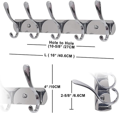 SKOLOO Coat Rack Wall Mount - Modern, Metal Wall Coat Rack with 5 Hooks, Pack of 2, Sturdy Wall Hook Rack Rail for Hanging Coat, Jacket, Clothes, Hat, Silver