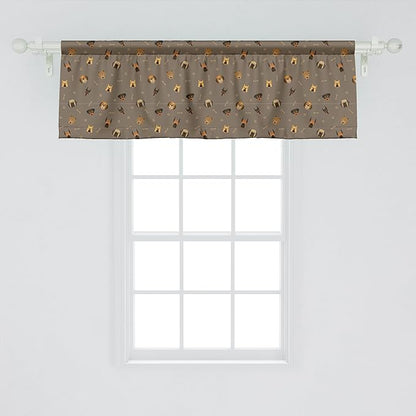 Ambesonne Dog Lover Window Valance Pack of 2, Repetitive Pattern of Pet Heads Paw Prints and Bones, Rod Pocket Curtain Valances for Kitchen Bedroom, 54" X 18", Taupe