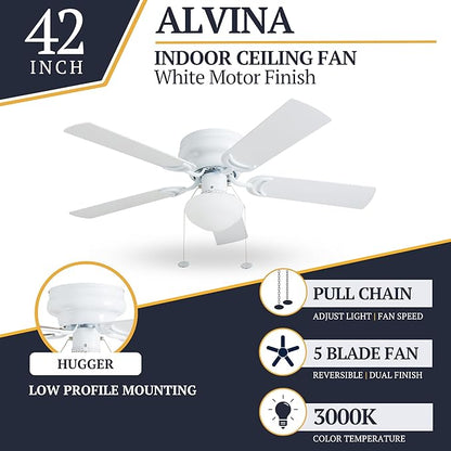 Prominence Home Alvina Traditional 42 Inch Ceiling Fan with Light, LED Flush Mount Ceiling Fan, Indoor Fan with 5 Blades, White and Gray Oak Blade Finish Options, White (80092-01)