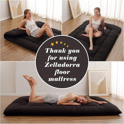 Japanese Floor Mattress, Futon Mattress with Portable Storage Bag and Washable Cover, Roll Up Thick Tatami Mat Suitable for Camping, Guest Room, Black, Queen