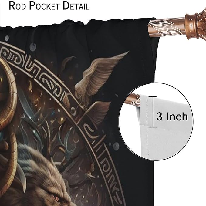 Cool Norse Viking Theme Curtains,Fantasy Ancient Symbols Wildlife Wolf Nordic Vikings Window Treatments Thermal Insulated Rod Pocket Blackout Drapes for Bedroom 2 Panels 63L x 42W