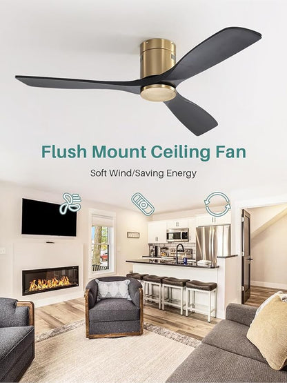 Sofucor 52 Inch Smart Ceiling Fan Without Lights Flush Mount Solid Wood Ceiling Fan with Alexa/Google Assistant/APP/Remote Control-Modern Outdoor Ceiling Fans No Light for Bedroom/Patio, Black Gold