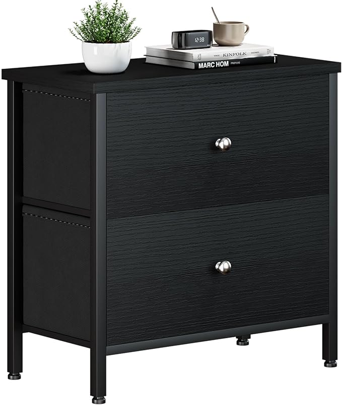 BOLUO Black Nightstand 2 Drawer Dresser for Bedroom,Small Night Stand End Table with Fabric Drawers Modern