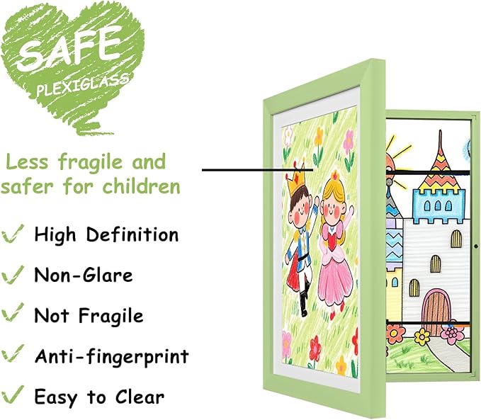 KINLINK 9x12 Kids Art Frames Set of 2, Solid Wood Kids Artwork Frames Changeable with Acrylic Front Opening Holds 150 Pictures, Art Frame for Kids Artwork with Mat or without Mat, Light Green