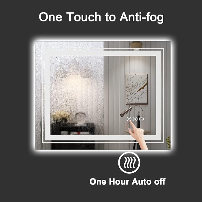 LED Bathroom Mirror, 60"X28" with Front and Backlit, Anti-Fog, Large Bathroom Vanity Mirror for Wall, Memory Function, Stepless Dimmable, Tempered Glass (Horizontal/Vertical)