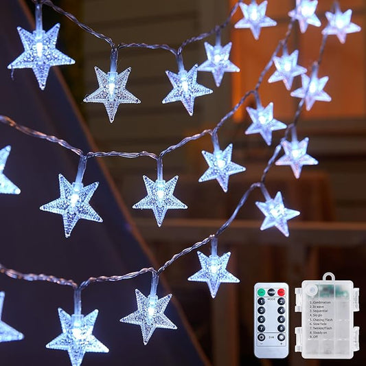 Brightown Star String Lights Battery Operated - 17 ft 50 LED Star Fairy String Lights with Remote and Timer, 8 Modes Waterproof for Bedroom Tent Loft Bed Patio Party Wedding Decor, White