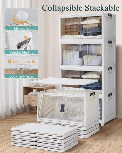 OlarHike 97QT Stackable Storage Bins with Lids - Folding Storage Box with Doors and Wheels, Collapsible Plastic Storage Drawers for Closets, 4 Pack Cubes