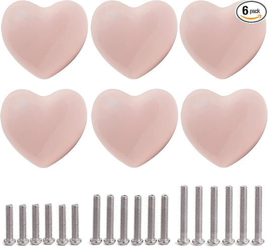 Ceramic Drawer Knobs Heart Shape Cabinet Dresser Pulls Handles with 3 Sized Screws, Kitchen Furniture Knobs for Closet Cupboard Wardrobe (6, Powder Pink)