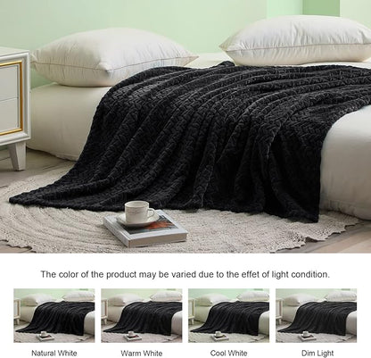 Exclusivo Mezcla Fleece Queen Size Blanket for Bed, 90x90 Inches Soft Cozy Jacquard Flannel Blankets, Lightweight Fuzzy Plush Warm for Winter, Black